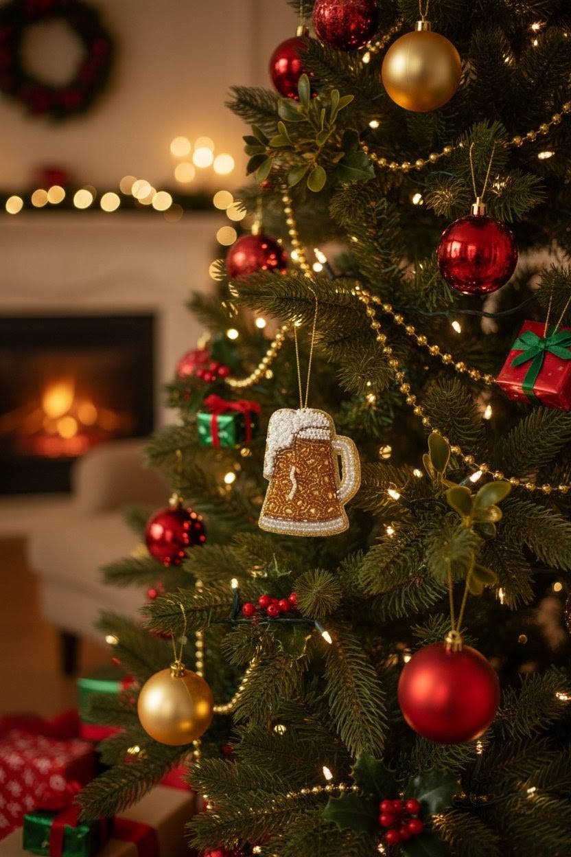 Beer Mug Ornament — Beer Mug Ornament hanging on Christmas tree with fireplace background — Zohricanada