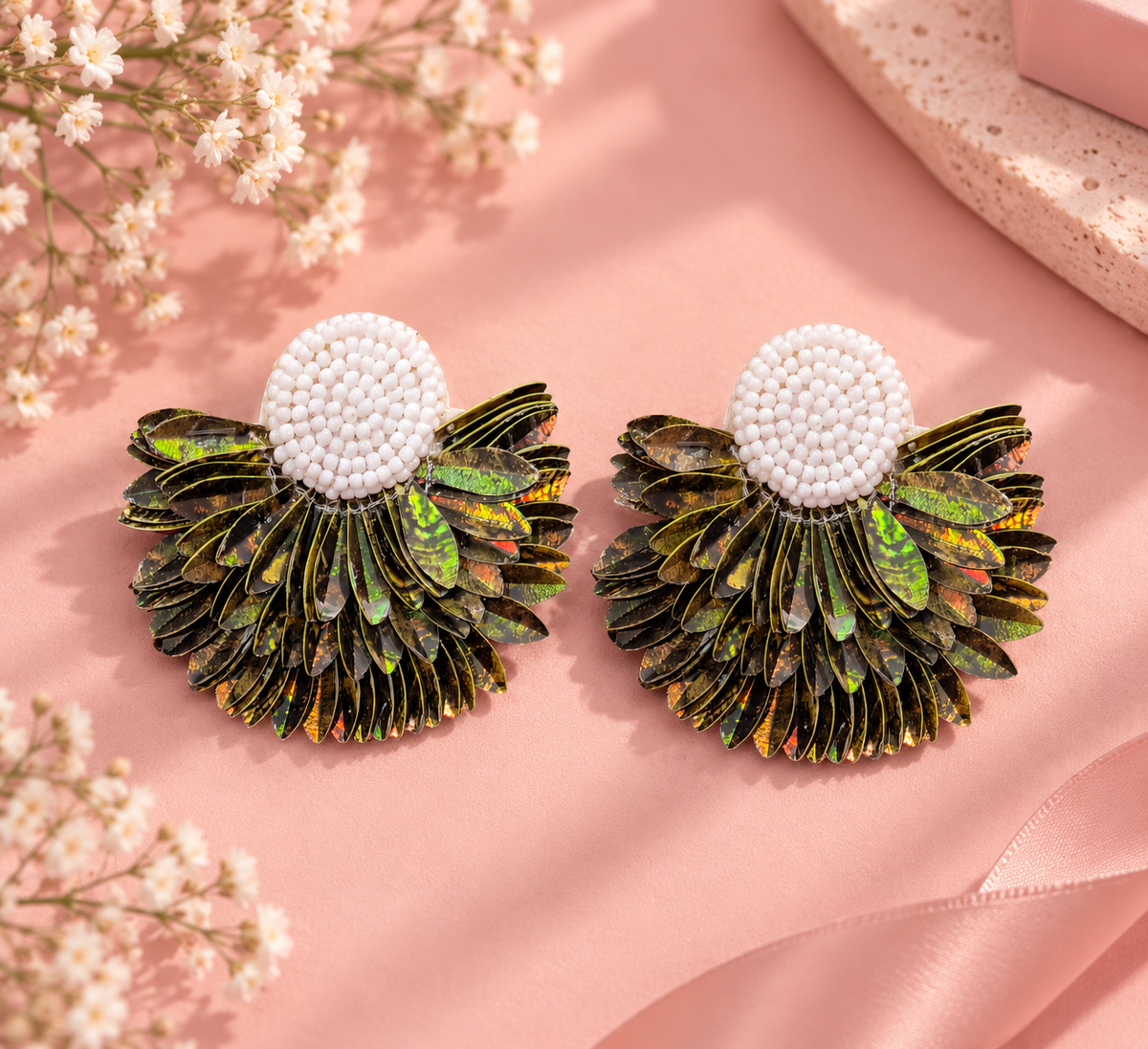 Angelica Earrings – Handmade Olive Green & Gold Beaded Fan Earrings — Handmade olive green and gold beaded fan fringe earrings with white stud | Zohricanada — Zohricanada