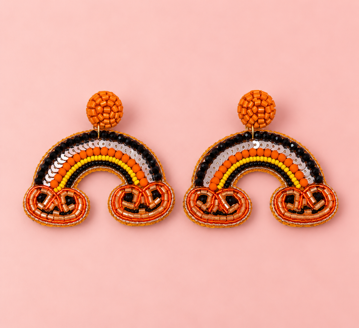 Spooky Season Rainbow Earrings – Handmade Beaded Halloween Earrings — Handmade orange and black beaded Halloween rainbow earrings | Zohricanada — Zohricanada