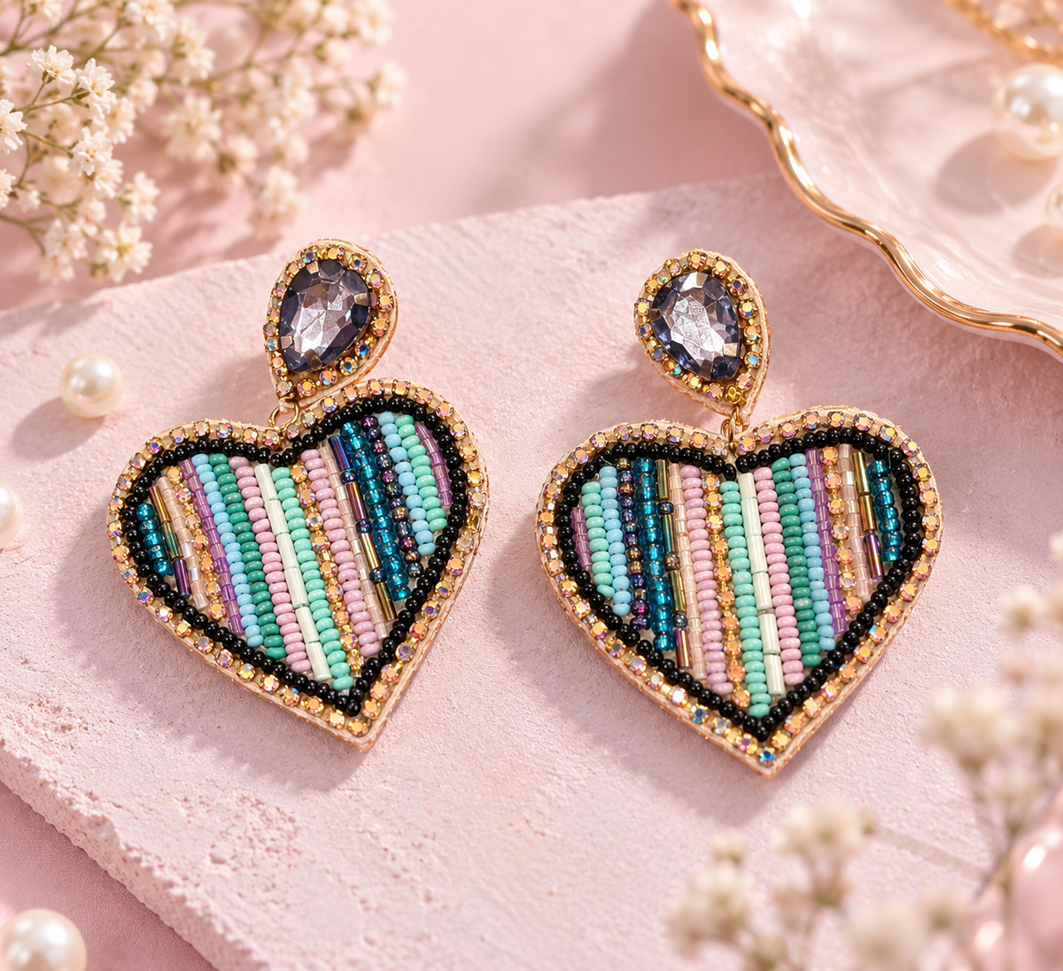 Alternate Rainbow Heart Earrings – Handmade Striped Beaded Heart Drops — Handmade pastel rainbow striped beaded heart drop earrings with gold border | Zohricanada — Zohricanada