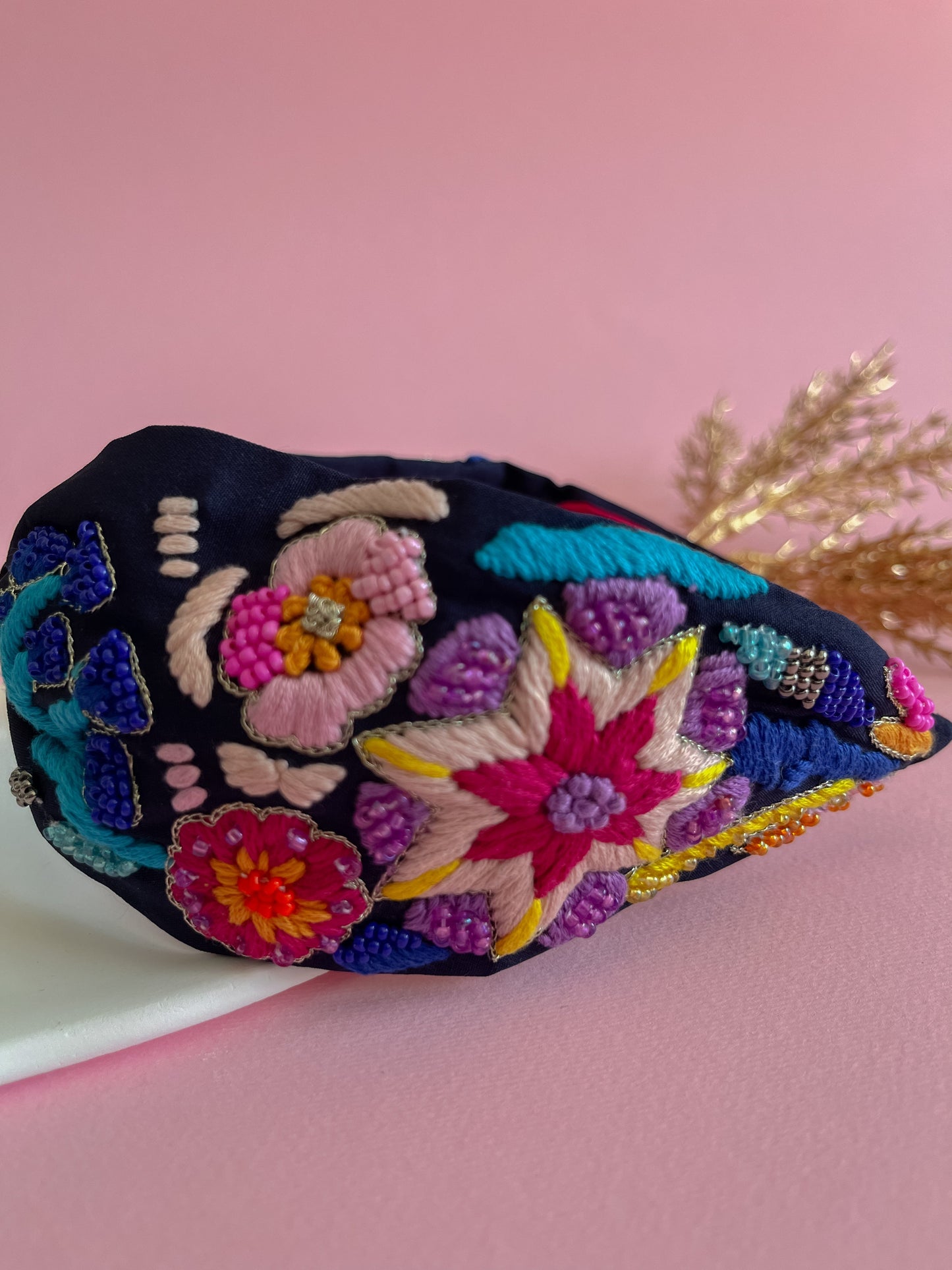 Blue Embroidery Flower Turban Headband - zohricanada
