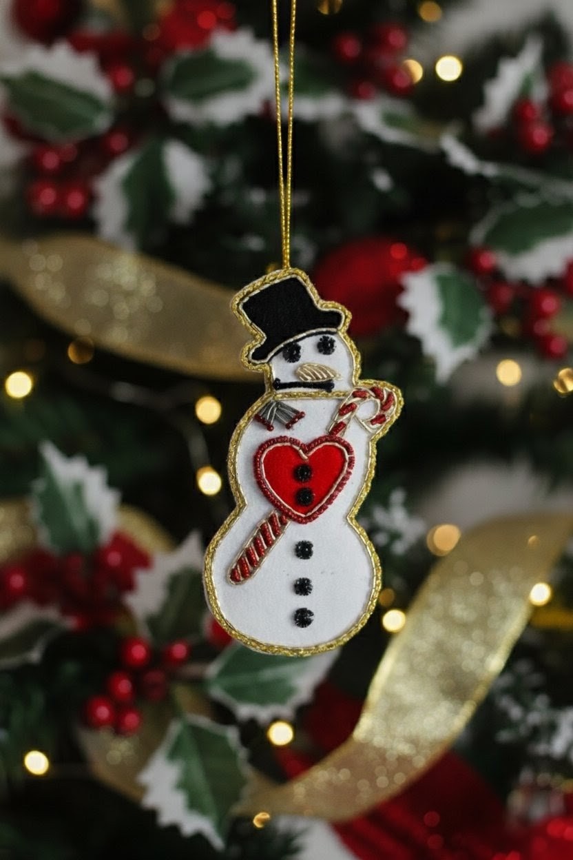Velvet Snowman Ornament — A felt snowman Christmas ornament hanging from a gold string against a blurred decorated Christmas tree with red berries, green holly, and warm string lights. — Zohricanada