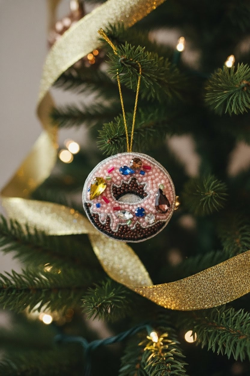 Donut Ornament — A round donut-shaped Christmas ornament with pink icing and colorful sprinkles, hanging on a decorated Christmas tree with a gold ribbon and warm lights. — Zohricanada