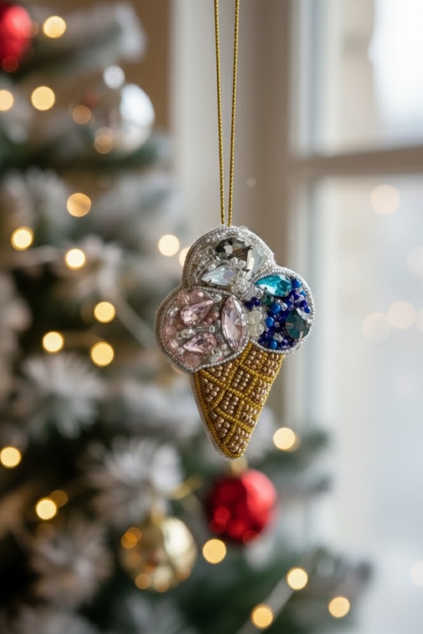 Ice Cream Cone Ornament — A decorative hanging ornament shaped like an ice cream cone, featuring textured gold waffle detailing and colorful rhinestone scoops in pink, clear, and blue, photographed in front of a softly blurred Christmas tree and window. — Zohricanada