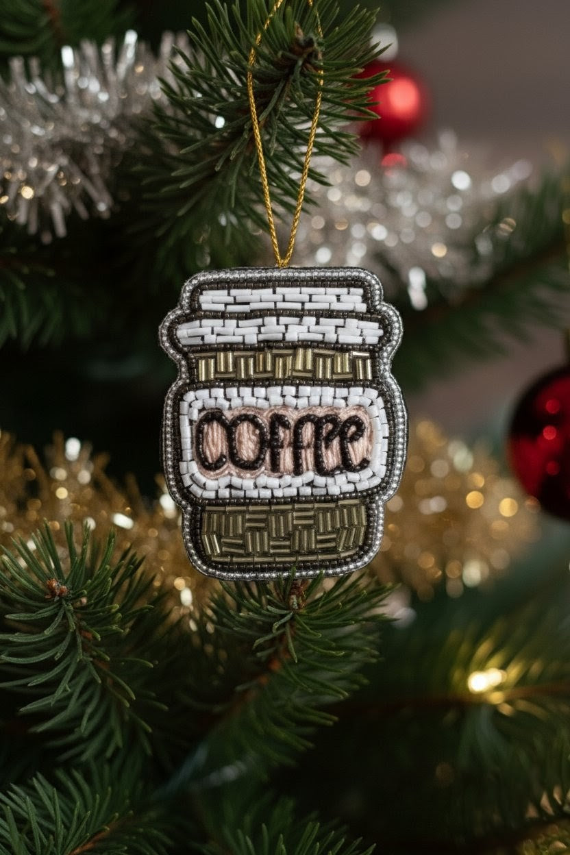 Coffee Jar Ornament — A mason-jar-shaped Christmas ornament hanging from a gold string on a Christmas tree branch. The ornament features a white and gray patterned top, a beige and olive-brown patterned middle with the word 'coffee' stitched in black, and a beige patterned bottom. — Zohricanada