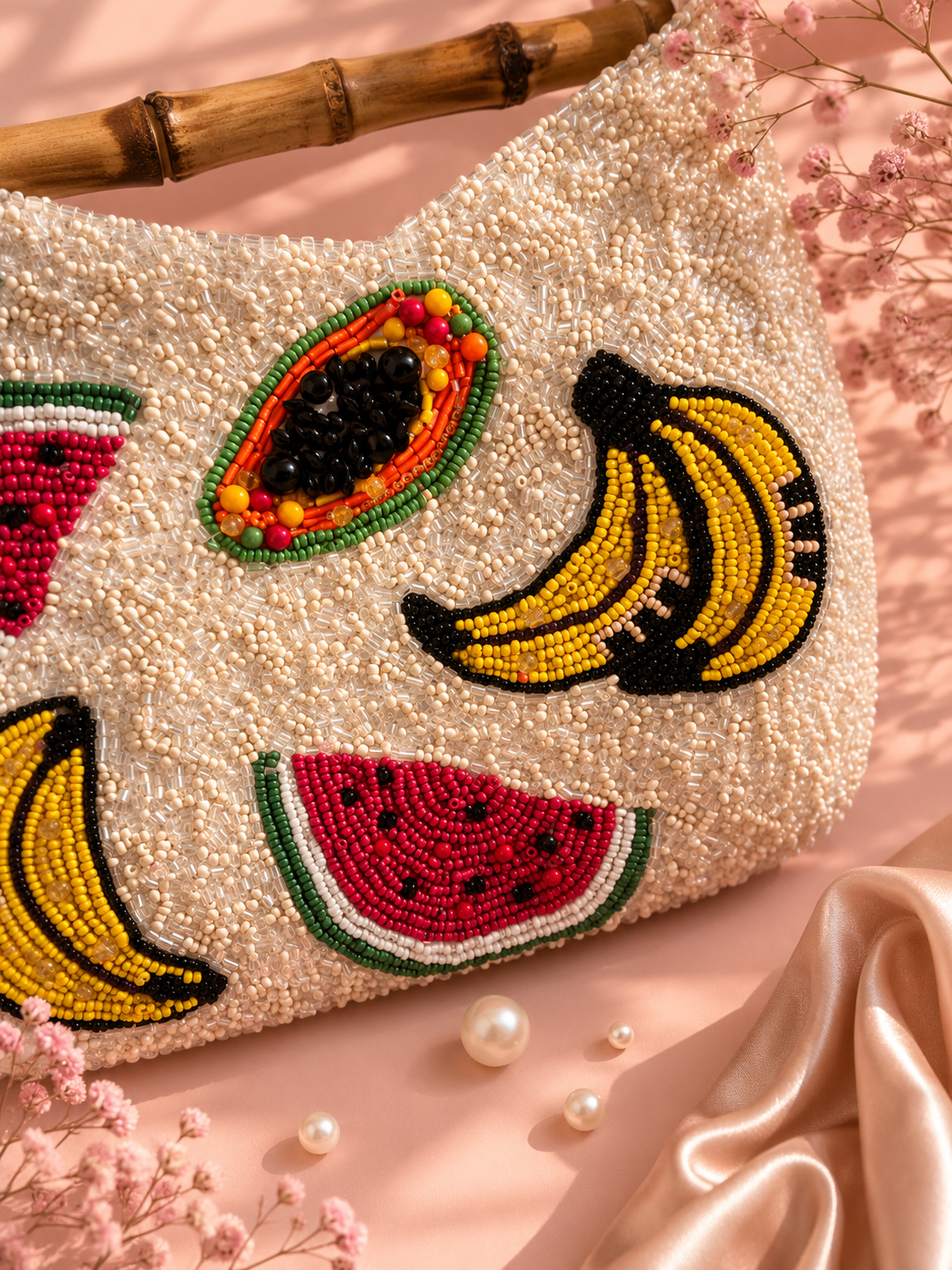 Handmade Tropical Fruit Beaded Bamboo Handle Bag for Women | Luxury Summer Vacation Handbag — Zohricanada