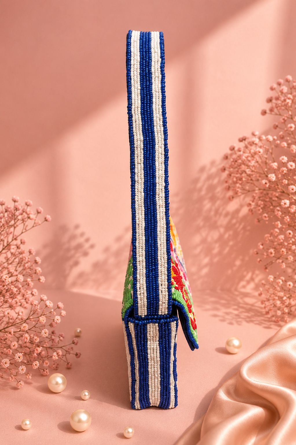 Handmade Mediterranean Evil Eye Beaded Shoulder Bag for Women | Luxury Vacation Handbag — Close-up of the striped strap and floral embroidery on the handmade beaded Mediterranean evil eye shoulder bag by ZOHRICANADA — Zohricanada