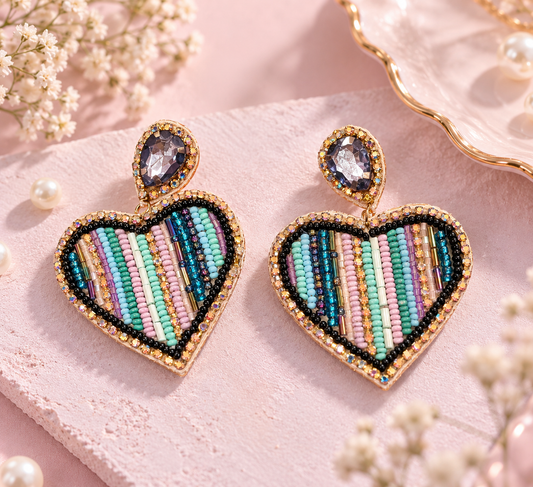 Alternate Rainbow Heart Earrings – Handmade Striped Beaded Heart Drops — Zohricanada