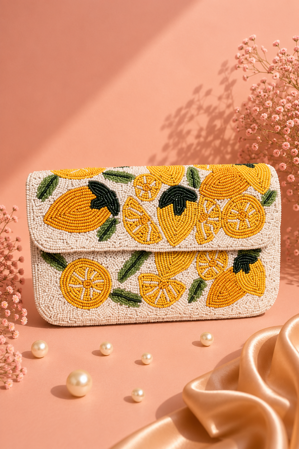A rectangular clutch bag with a flap closure, covered in yellow and green beaded lemon embroidery on a cream woven base. The clutch is styled on a peach-pink background with decorative pearls, dried flowers, and a satin ribbon.