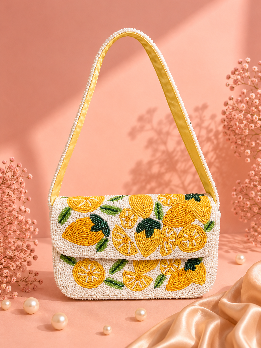 Handmade Lemon Beaded Shoulder Bag for Women | Luxury Fruit Vacation Handbag — A white beaded handbag with a yellow and green lemon pattern, featuring a yellow beaded shoulder strap, styled on a peach-pink background with decorative pearls and dried flowers. — Zohricanada