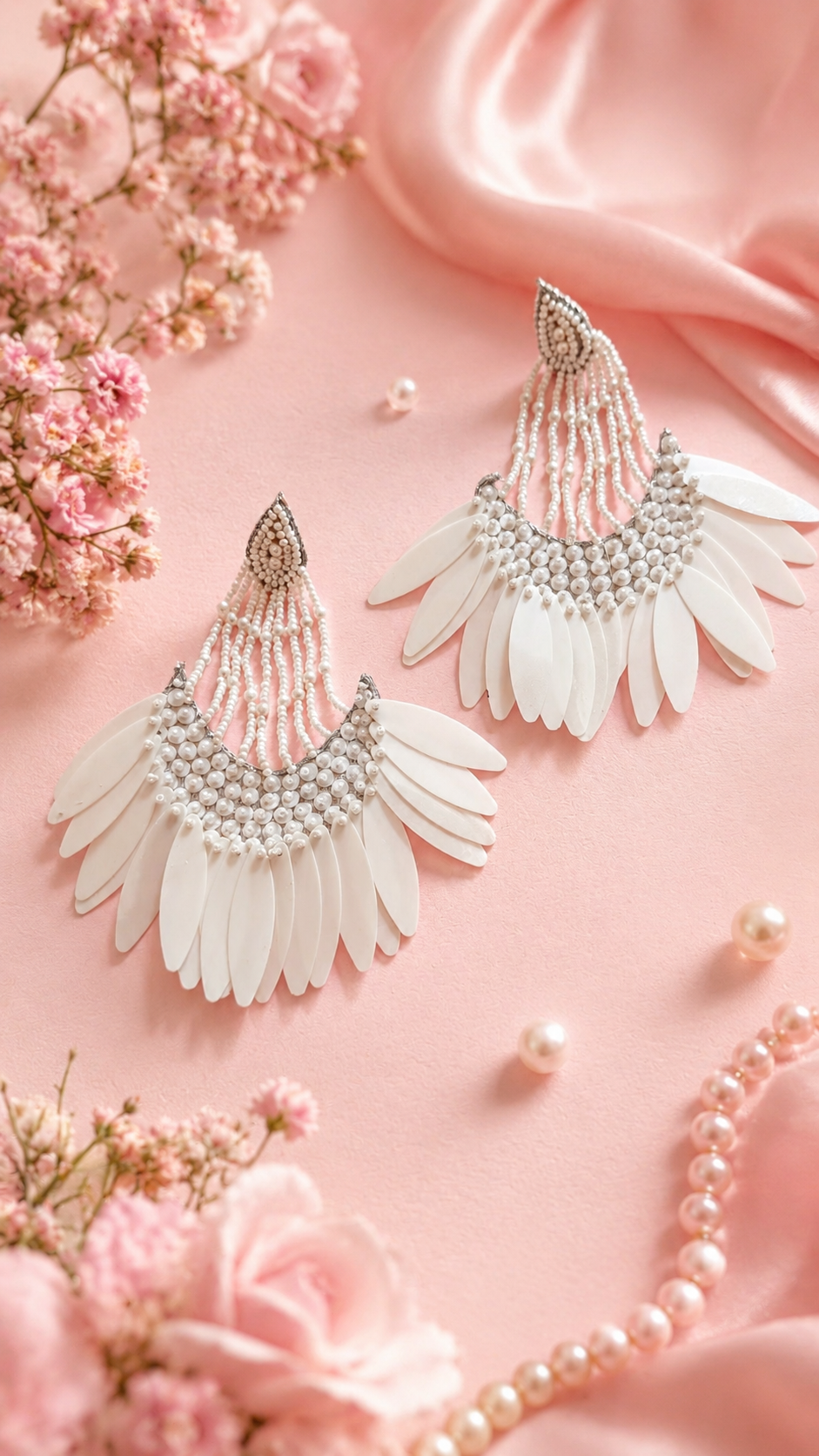 Handmade White Pearl Wing Bridal Earrings | Wedding Gift for Bride — Delicate white feather earrings with rhinestones on a pink satin background with flowers. — Zohricanada