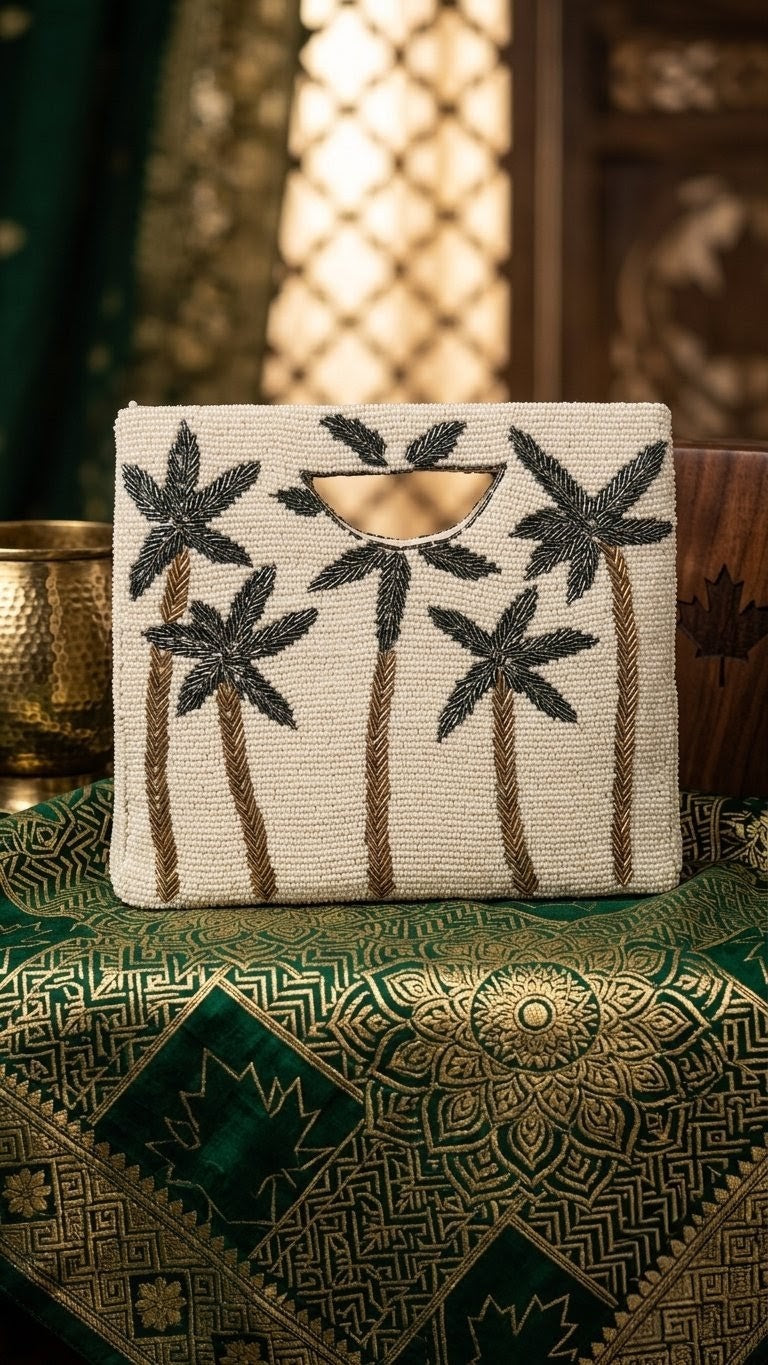 A rectangular beige clutch bag with black palm tree embroidery and brown trims, resting on a green and gold patterned textile with a warm, bohemian background.