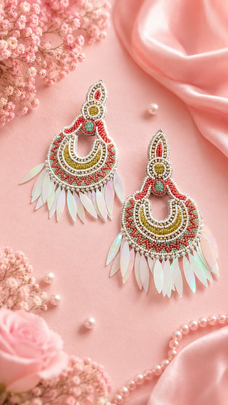 Decorative earrings with colorful beads and feathers on a pink fabric background.