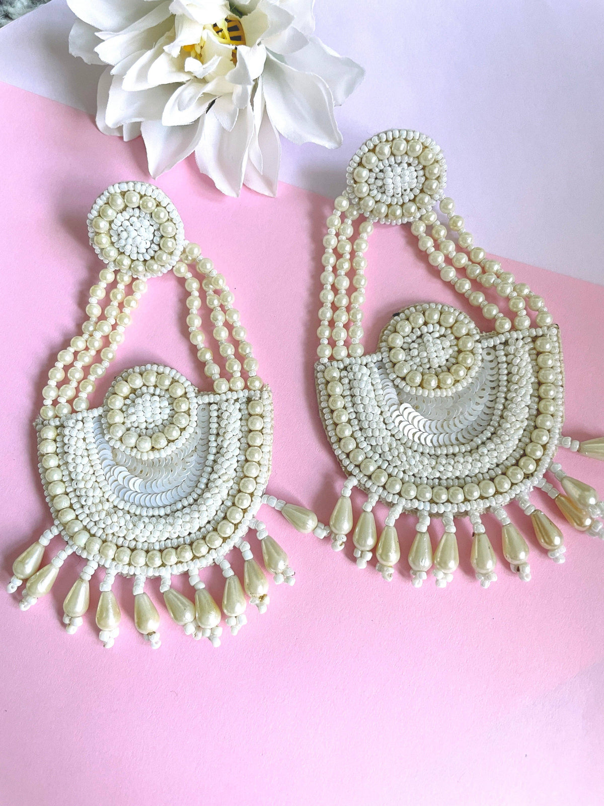 White Pearl Long Earrings – Handmade Beaded Pearl Chandelier Earrings — Zohricanada