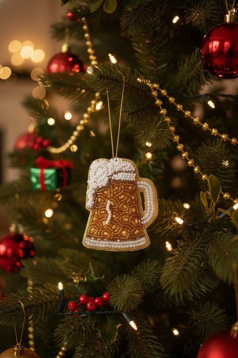 Beer Mug Ornament — A beer mug shaped Christmas ornament with a gold patterned body, white foam head, and pearl-like trim, hanging on a decorated Christmas tree with red ornaments and warm lights. — Zohricanada