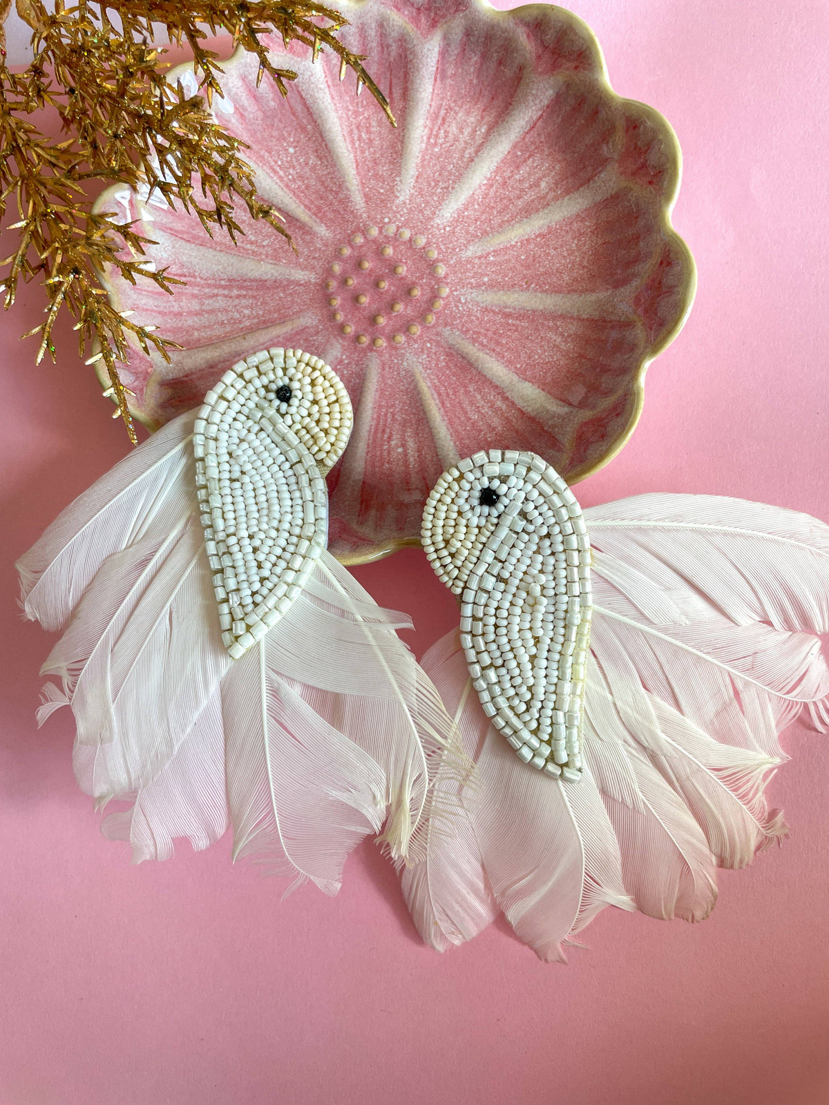 White Feather Bird Earrings – Handmade Beaded Dove Earrings with Feathers — Zohricanada