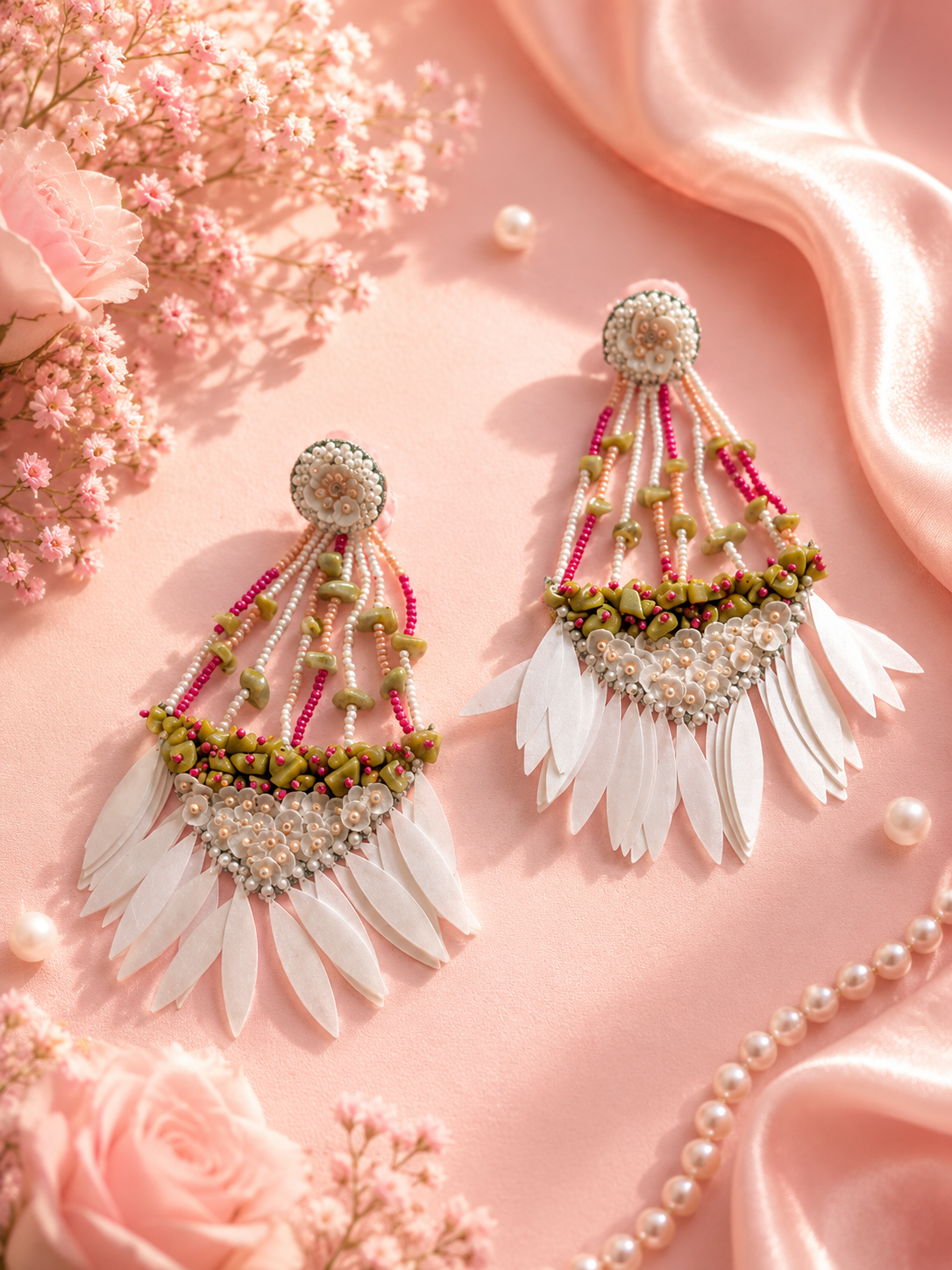 Handmade Pearl & Feather Wedding Earrings for Bride | Bridal Jewelry Gift — Ornate earrings with beads and feathers on a pink fabric background — Zohricanada