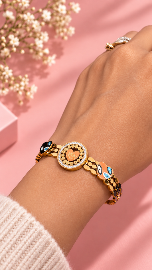 Evil Eye Stainless Steel Bangle – Gold-Tone Nazar Charm Bracelet — Gold-tone stainless steel evil eye bangle bracelet on wrist | Zohricanada — Zohricanada