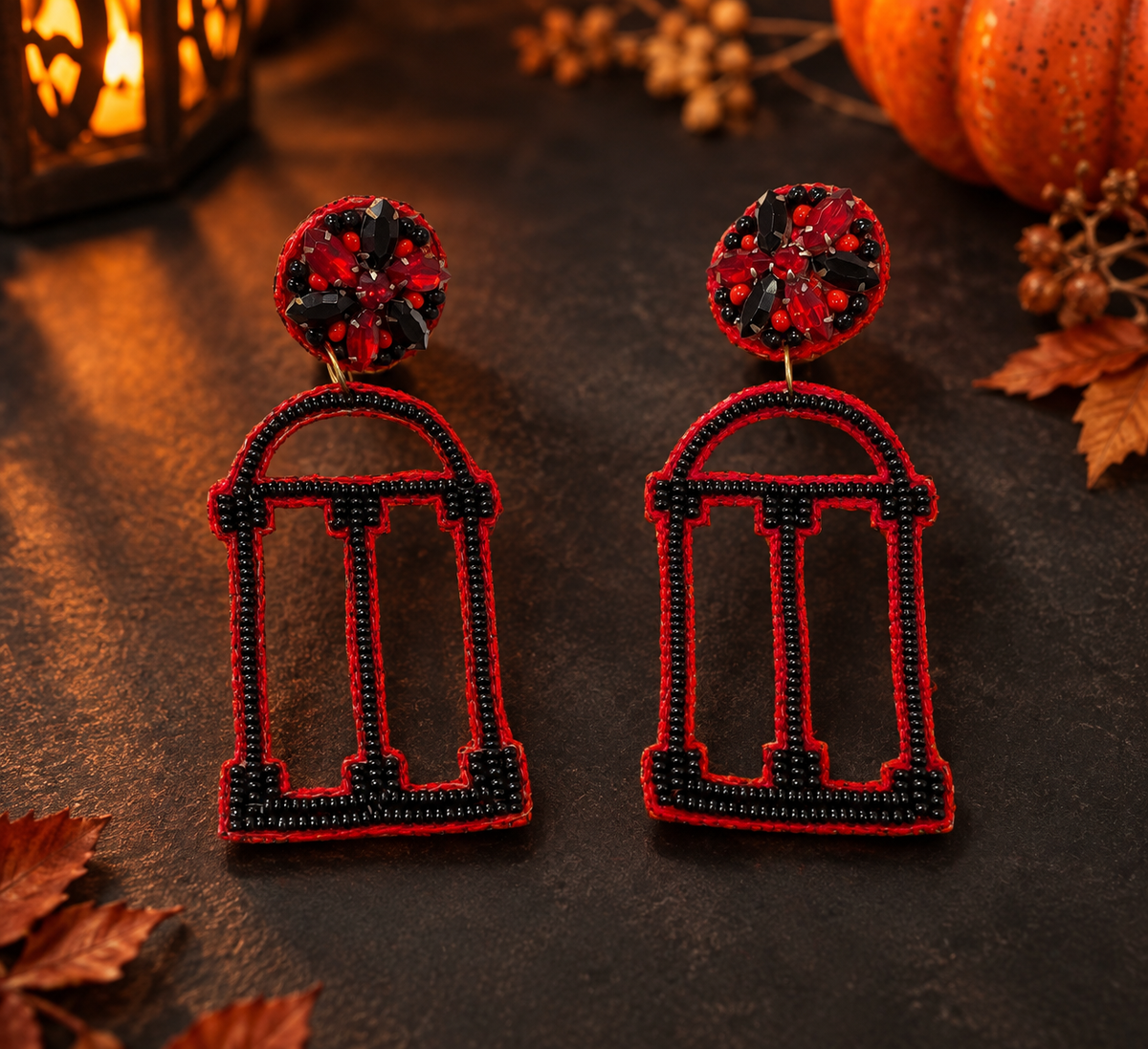 Gothic Arch Earrings – Handmade Beaded Black & Red Halloween Earrings — Handmade black and red beaded gothic arch earrings | Zohricanada — Zohricanada