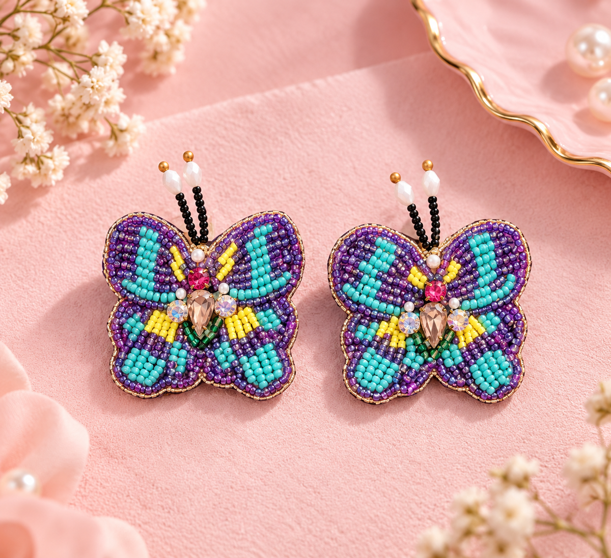 Petit Butterfly Earrings – Handmade Beaded Blue & Pink Butterfly Studs — Handmade blue and pink beaded butterfly earrings | Zohricanada — Zohricanada