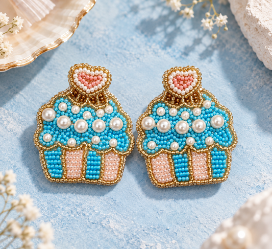 Sugary Cupcake Earrings – Handmade Beaded Cupcake Earrings — Handmade blue and pink beaded cupcake earrings | Zohricanada — Zohricanada