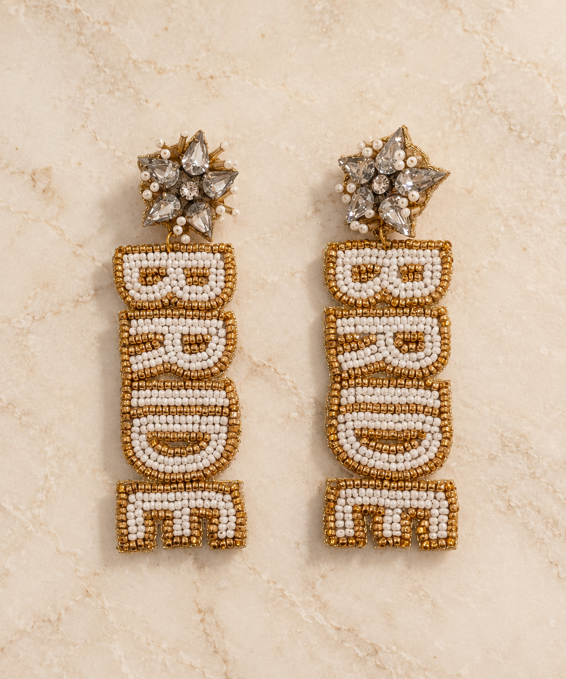 Bride Earrings – Handmade Gold Beaded “BRIDE” Letter Drop Earrings — Handmade gold beaded BRIDE letter drop earrings | Zohricanada — Zohricanada