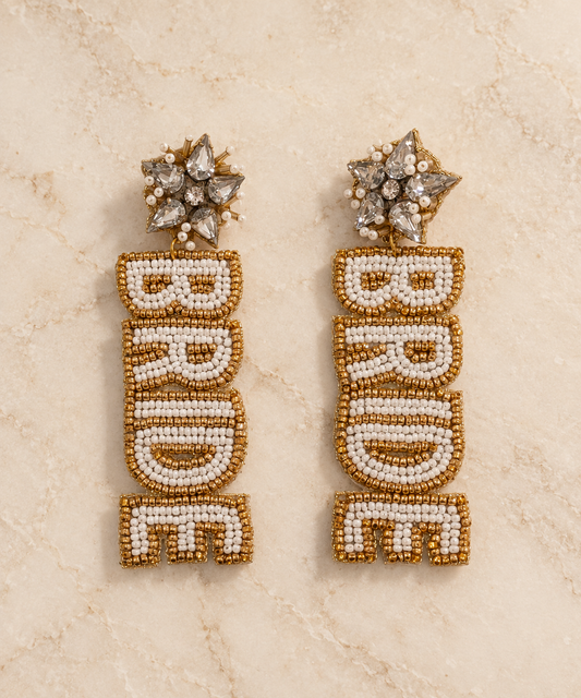 Bride Earrings – Handmade Gold Beaded “BRIDE” Letter Drop Earrings — Handmade gold beaded BRIDE letter drop earrings | Zohricanada — Zohricanada