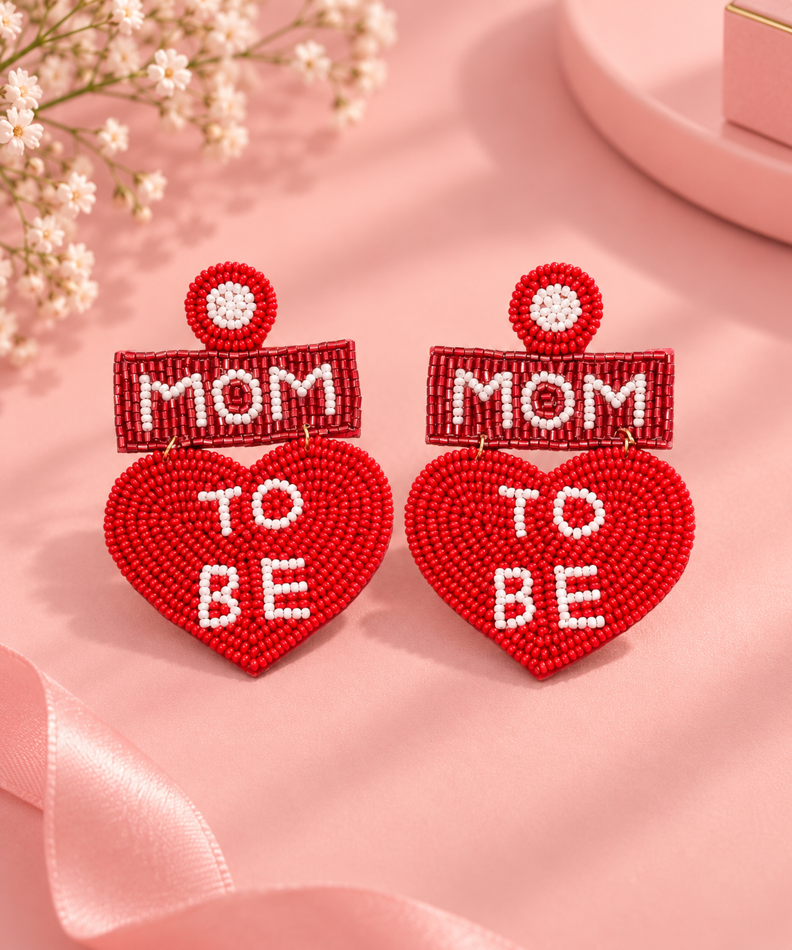 Mom To Be Earrings – Handmade Beaded Heart Baby Shower Earrings — Handmade Mom To Be beaded heart earrings – view 2 | Zohricanada — Zohricanada