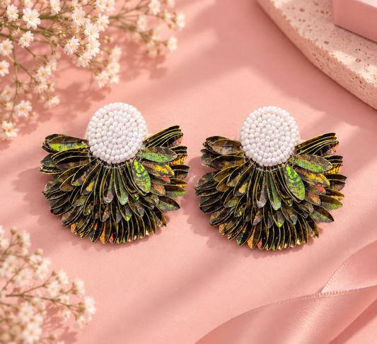 Angelica Earrings – Handmade Olive Green & Gold Beaded Fan Earrings — Handmade olive green and gold beaded fan fringe earrings with white stud | Zohricanada — Zohricanada