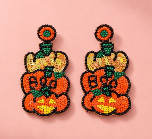 Halloween Boo Earrings – Handmade Beaded Pumpkin “BOO” Earrings — Handmade orange beaded pumpkin BOO Halloween earrings | Zohricanada — Zohricanada