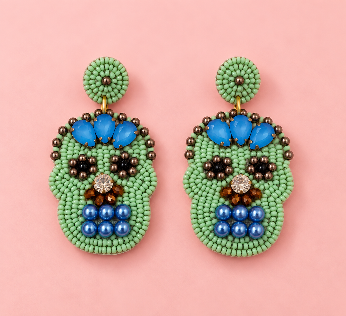 Skull Blossom Earrings – Handmade Beaded Sugar Skull Earrings — Handmade pink beaded sugar skull earrings – view 2 | Zohricanada — Zohricanada
