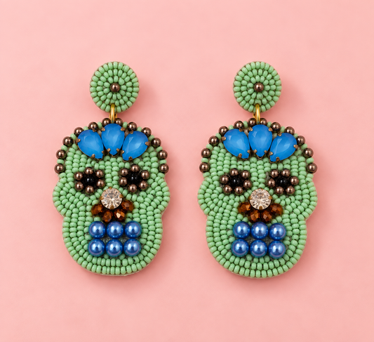 Skull Blossom Earrings – Handmade Beaded Sugar Skull Earrings — Handmade pink beaded sugar skull earrings – view 2 | Zohricanada — Zohricanada