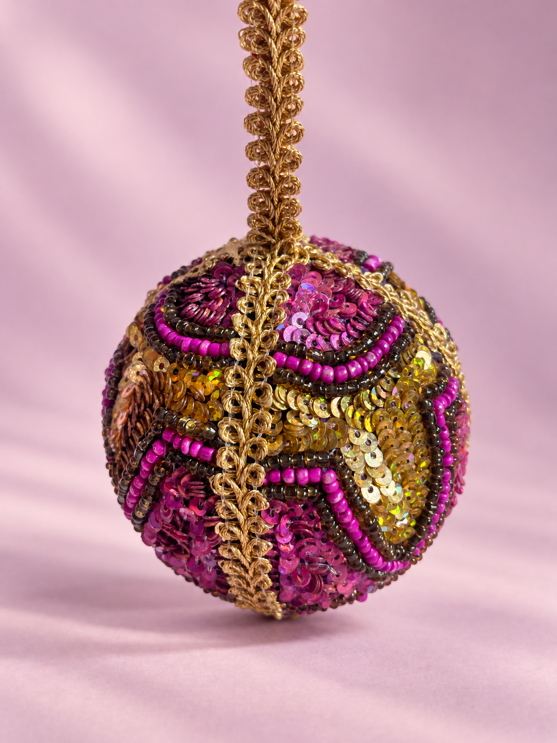 Handmade pink and gold beaded round Christmas ornament | Zohricanada