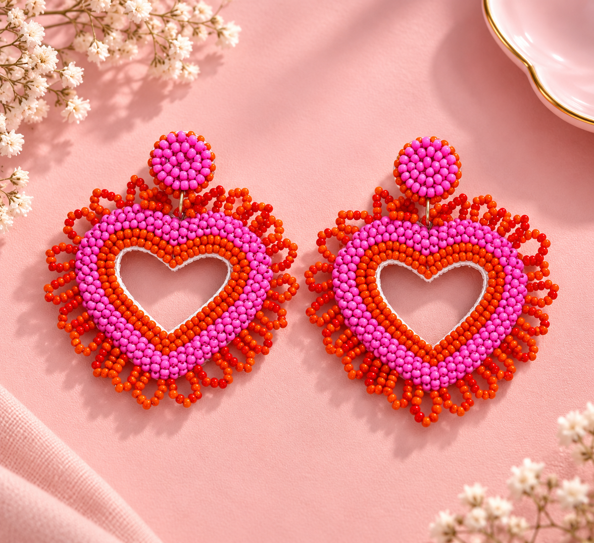 Pink & Red Heart Earrings – Handmade Beaded Open Heart Drops — Handmade pink and red beaded open heart earrings | Zohricanada — Zohricanada