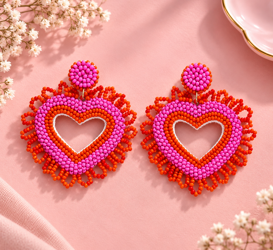 Pink & Red Heart Earrings – Handmade Beaded Open Heart Drops — Handmade pink and red beaded open heart earrings | Zohricanada — Zohricanada