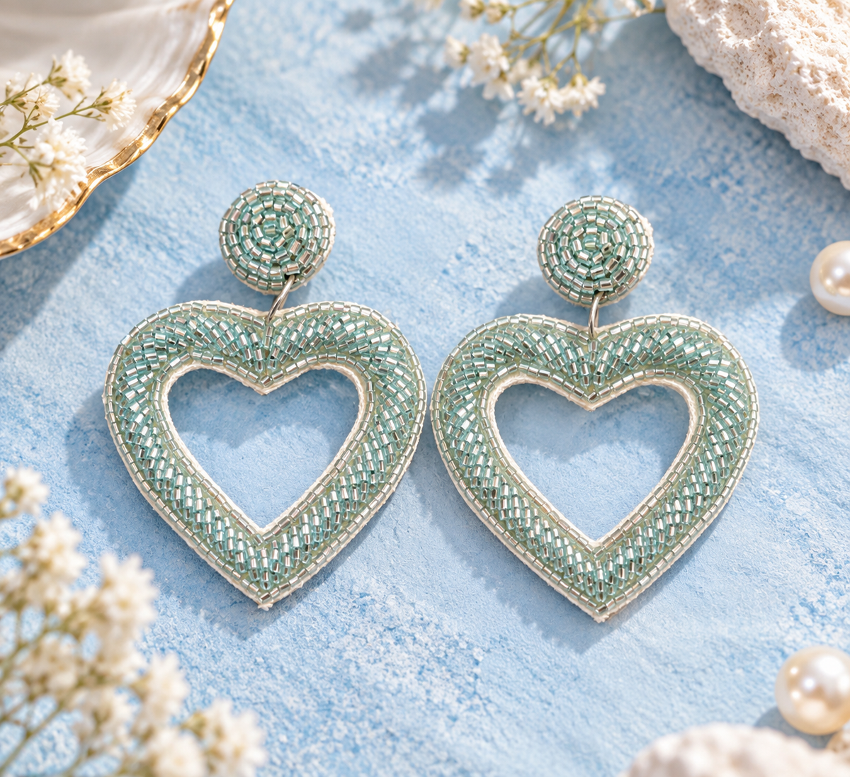 Green Beaded Heart Earrings – Handmade Sage Open Heart Drop Earrings — Handmade sage green beaded open heart drop earrings | Zohricanada — Zohricanada