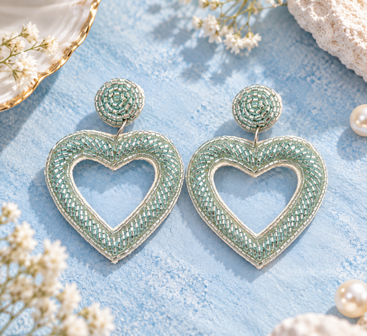 Green Beaded Heart Earrings – Handmade Sage Open Heart Drop Earrings — Handmade sage green beaded open heart drop earrings | Zohricanada — Zohricanada