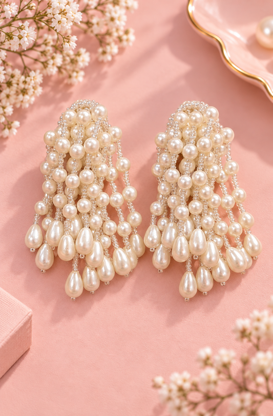 White Pearl Snow Earrings – Handmade Pearl Cluster Fringe Earrings — Handmade white pearl cluster fringe earrings | Zohricanada — Zohricanada