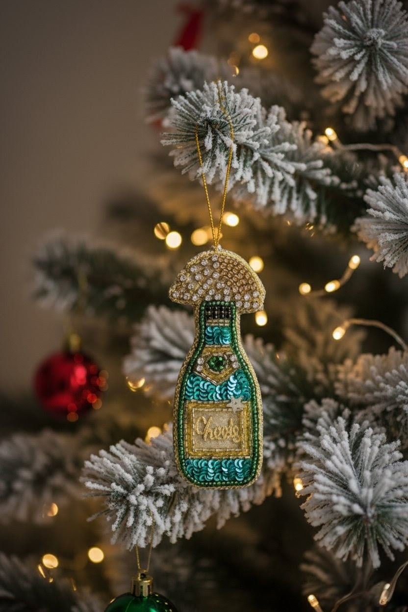 Champagne Bottle Ornament — A decorative Christmas ornament shaped like a bottle with a mushroom cap, hanging on a flocked Christmas tree with warm string lights. The ornament features turquoise, gold, and white beaded details. — Zohricanada