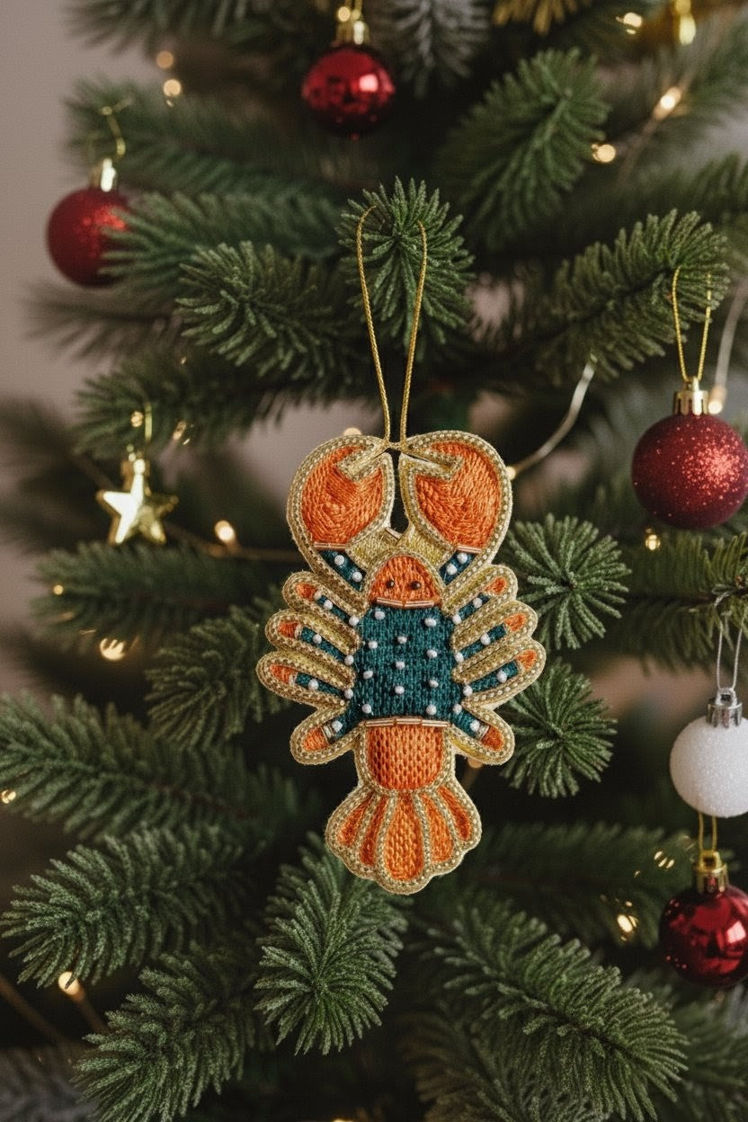 A lobster-shaped Christmas ornament hanging on a decorated green Christmas tree with red ornaments and warm string lights.