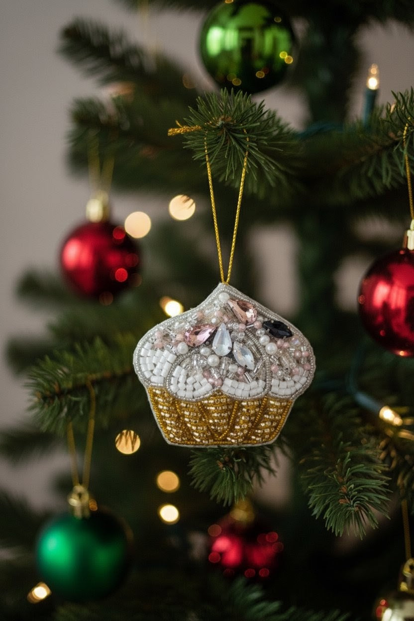 A cupcake-shaped Christmas ornament hanging from a decorated Christmas tree. The ornament has a white frosting top with pink and silver rhinestone details and a gold beaded cupcake base, set against a blurred background of green tree branches and red and green ornaments.