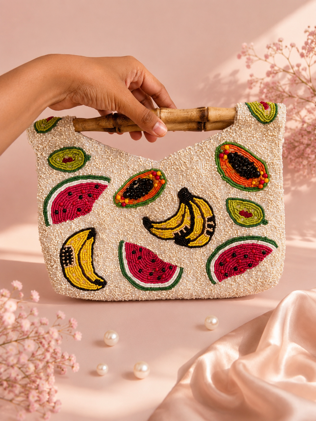 Handmade Tropical Fruit Beaded Bamboo Handle Bag for Women | Luxury Summer Vacation Handbag — Zohricanada
