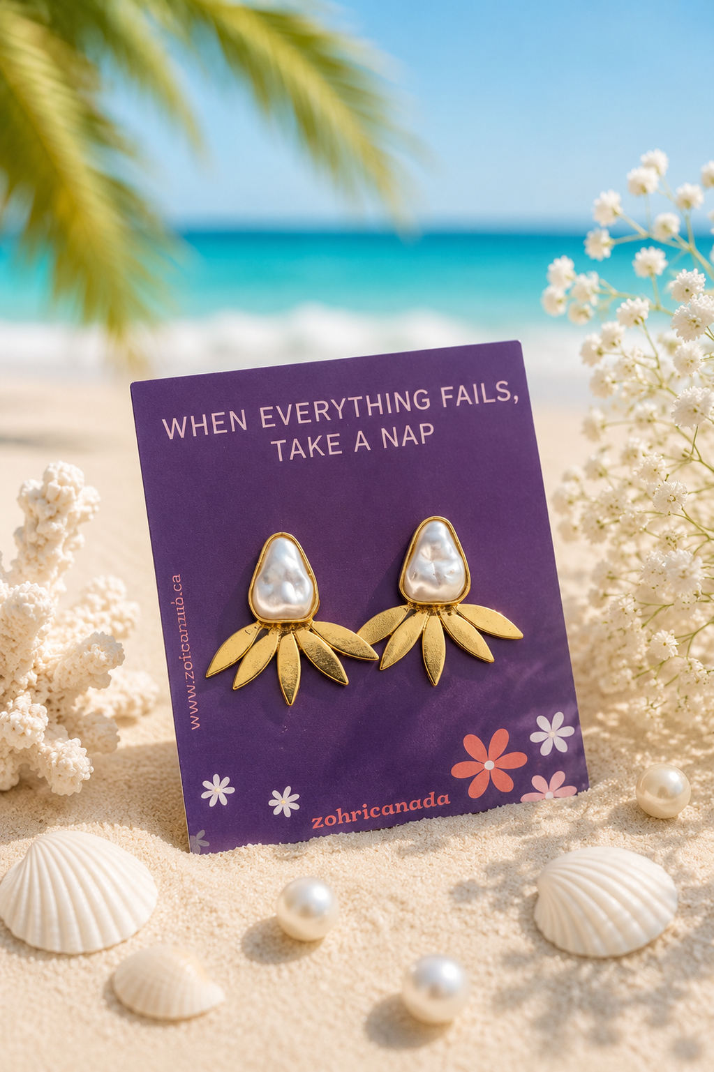 Golden Faux Pearl Earrings — Gold faux pearl teardrop stud earrings with golden daisy charm, handmade by Zohricanada, displayed on beach backdrop — Zohricanada