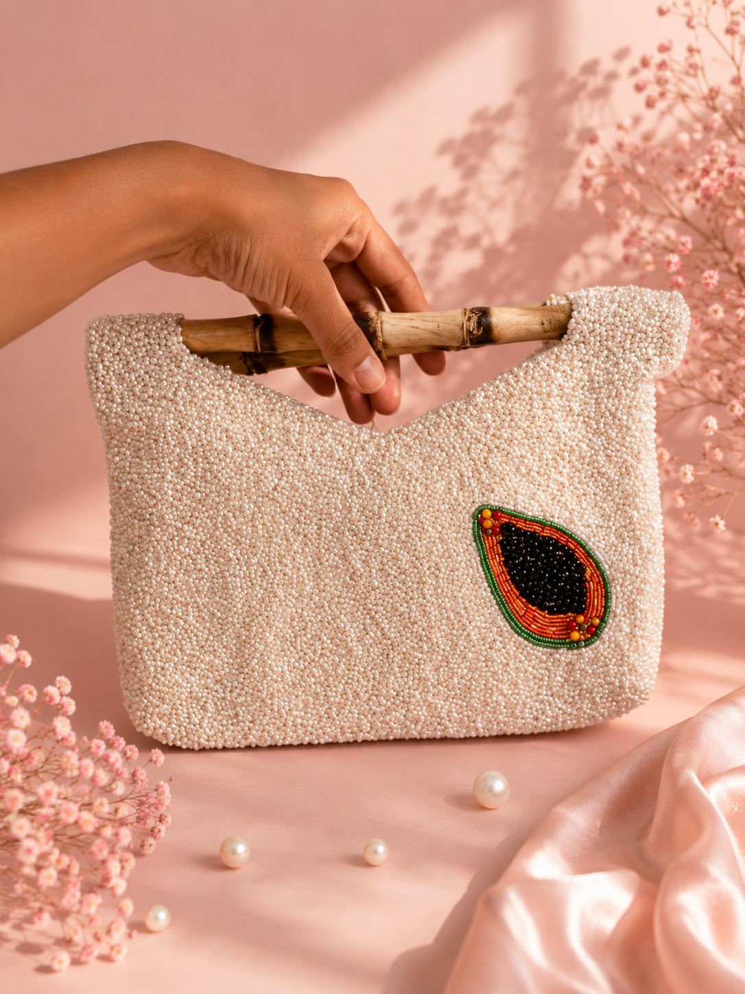Handmade Tropical Fruit Beaded Bamboo Handle Bag for Women | Luxury Summer Vacation Handbag — Zohricanada