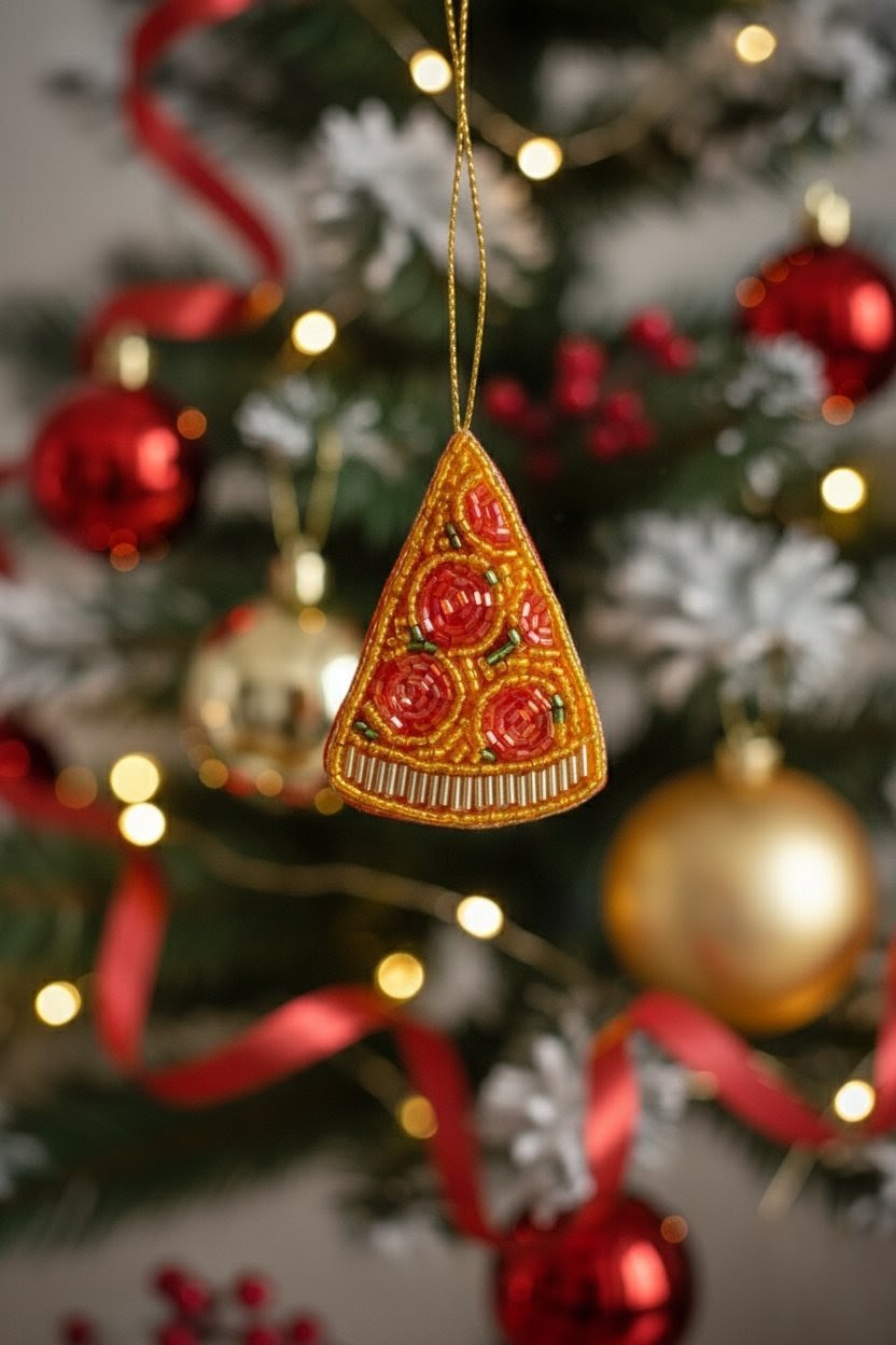A triangular Christmas ornament shaped like a slice of pizza hangs from a gold string in front of a blurred Christmas tree with red and gold ornaments and warm lights.