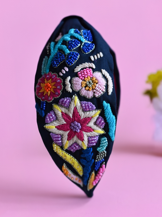 Blue Embroidery Flower Turban Headband - zohricanada
