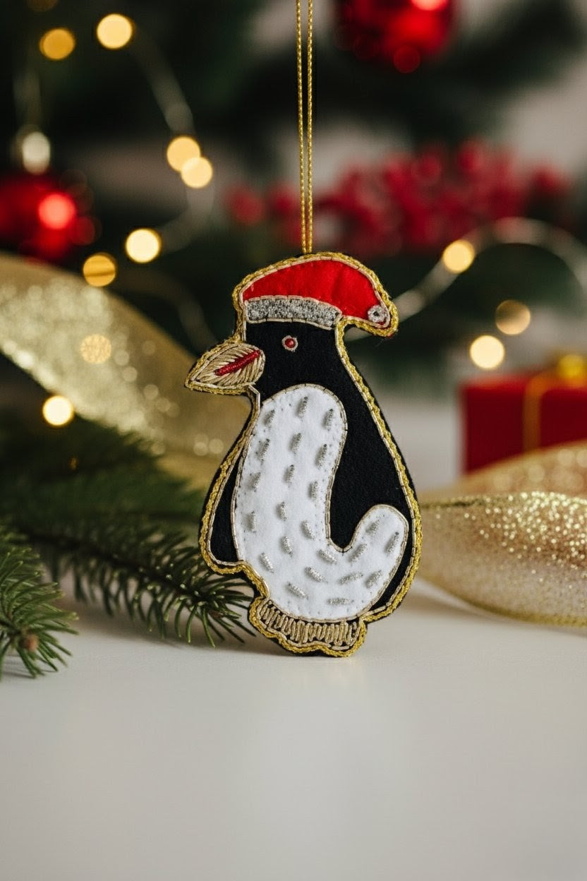 Penguin Ornament — A penguin-shaped Christmas ornament hanging from a gold string, featuring a black body, white belly, red Santa hat, and gold trim, set against a blurred festive background with lights and greenery. — Zohricanada