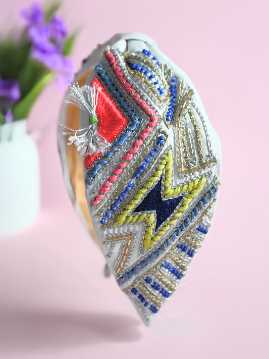 Handmade White Boho Beaded Headband for Women | Chevron Statement Festival Accessory — Zohricanada