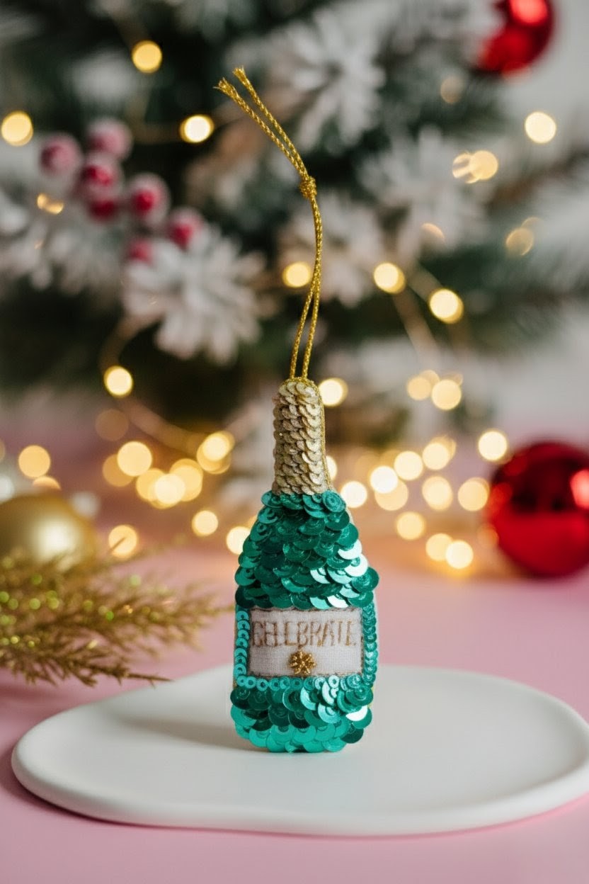 Turquoise Sequin Bottle Ornament — A small sequined Christmas ornament shaped like a champagne bottle, with turquoise green sequins, a gold hanging loop, and a white label reading 'CELEBRATE', displayed on a white plate with a blurred festive tree and lights in the background. — Zohricanada