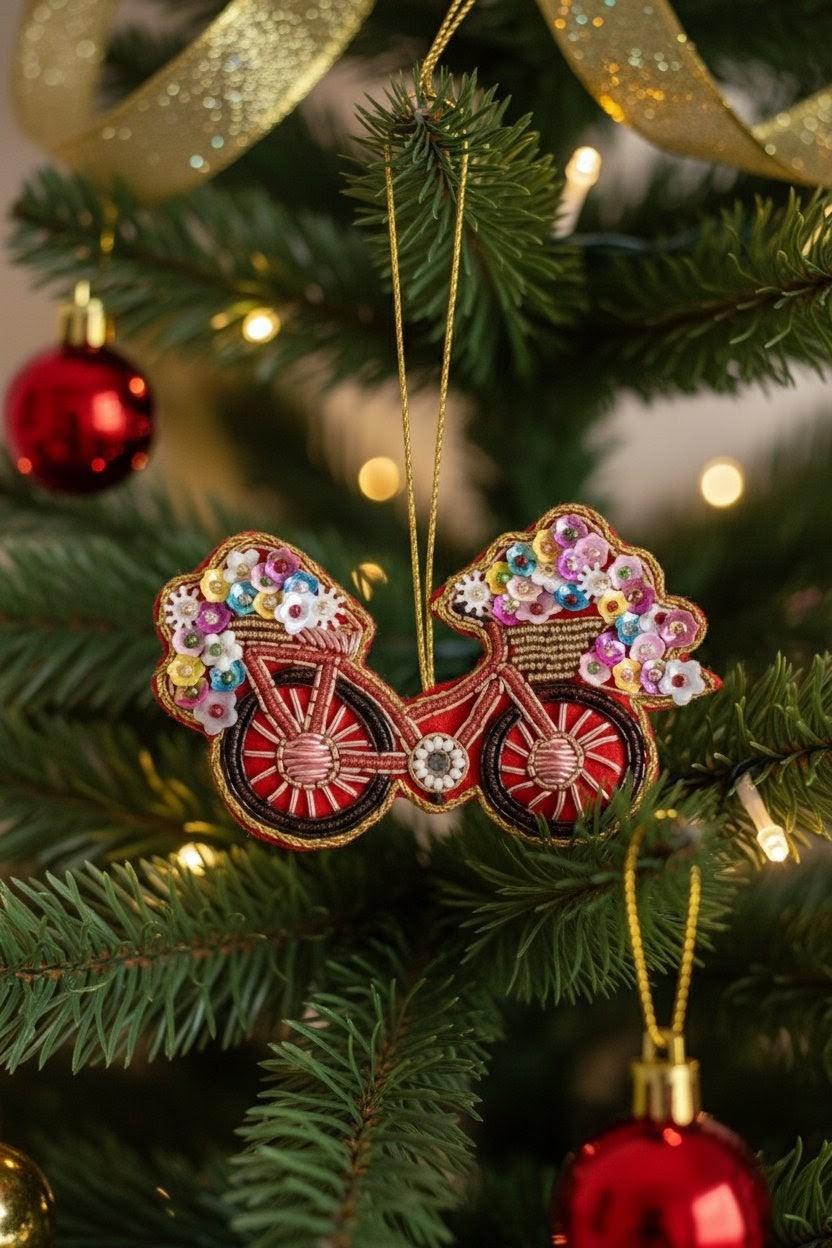 Bicycle Flower Ornament — A bicycle-shaped Christmas ornament hanging on a decorated Christmas tree. The ornament features red spoked wheels, pink and purple flower baskets on the front, and gold embroidered outlines, suspended by a thin gold string against the green pine branches of the tree. — Zohricanada